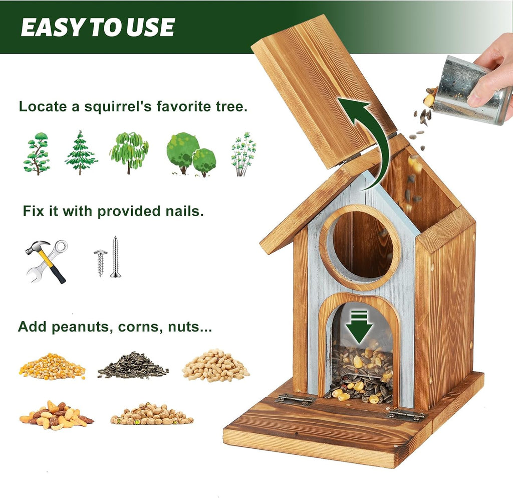 Wooden Squirrel Feeder, Large Capacity Squirrels Feeders for Outside, Sturdy Construction, No Assembly Lovely Chipmunk Feeder for Corn, Peanut, Nuts, Chestnuts (Brown-1pk)