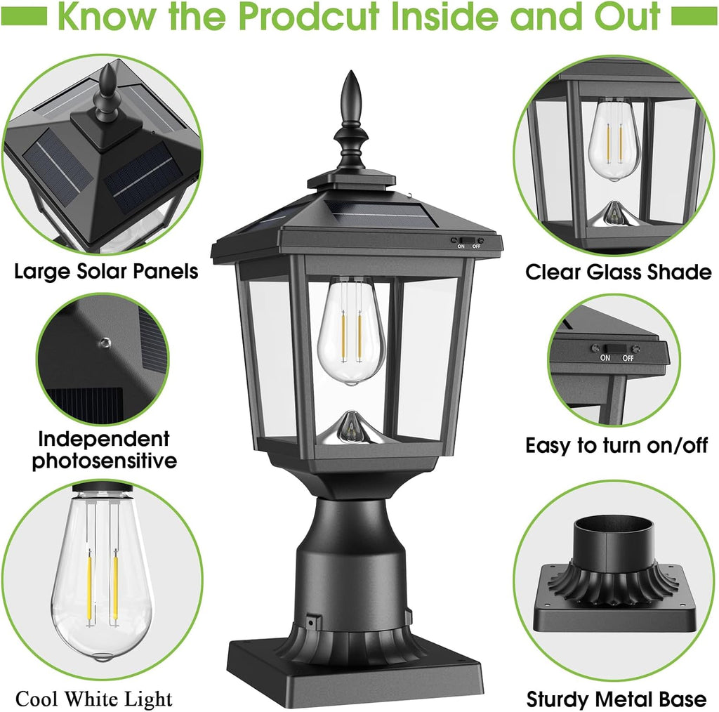 Solar Post Light Outdoor, 60 Lumens Dusk to Dawn Lamp Post Light, | Solar Powered & Waterproof, Fits 6x6 Wooden Posts, 3 Inch Poles, for Garden, Pathway, Driveway, Fence & Yard（Cool White）