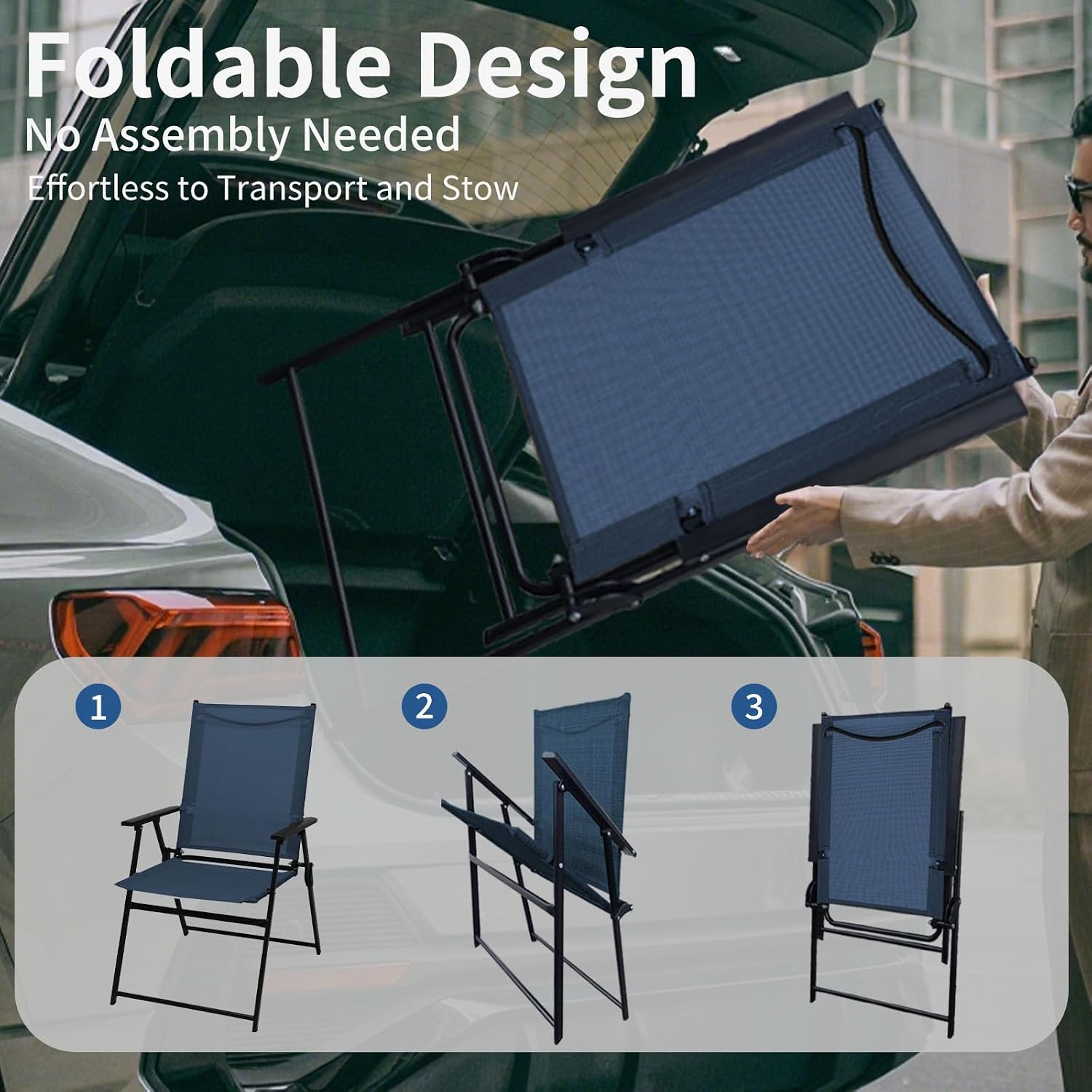 SHGJ&SOFT Patio Folding Chairs Set of 2, Portable Outdoor Chairs with Armrests, No Assembly Metal Frame for Lawn Garden Beach Backyard, Camping(Blue, 2pc)