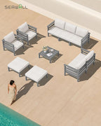 SERWALL HDPE Patio Furniture Set, 2 Pieces Outdoor Sectional Sofa Set, All-Weather Wood-Like Outdoor Sofa Couch with Coffee Table for Deck, Lawn, Grey Frame with Khaki Cushion