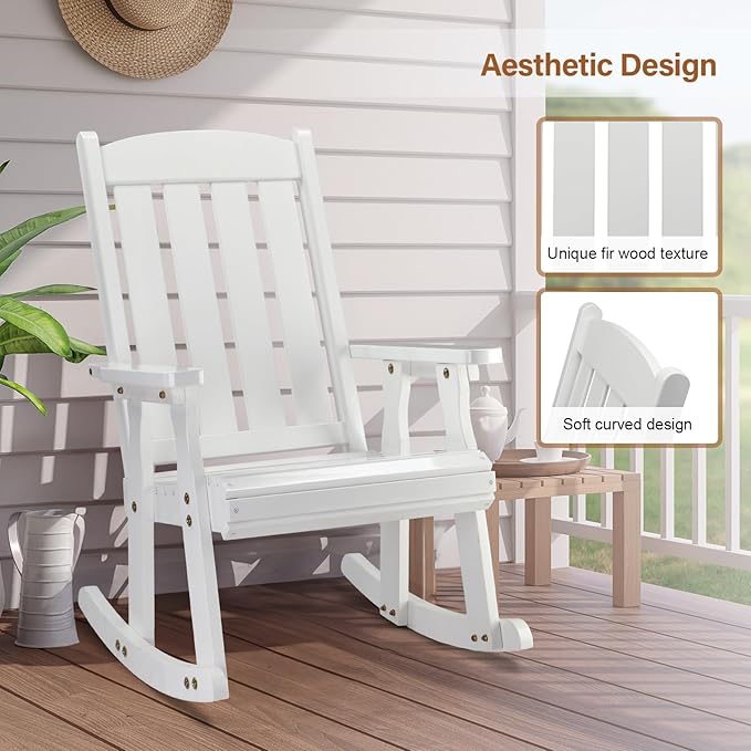 VINGLI Outdoor Rocking Chair Set of 2, Heavy Duty 600 LBS Wooden Rocking Chair with Comfortable Backrest, Weatherproof Rocker with Ergonomic Design, Suit for Patio, Garden, Yard, White