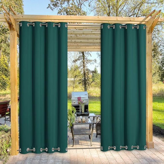 NICETOWN Outdoor Patio Curtain Extra Long Drape 120" L Waterproof/Windproof, Top and Bottom Grommets Blackout Outdoor Drape Privacy Protect for Yard/Porch, 52" W, 1 Panel, Hunter Green