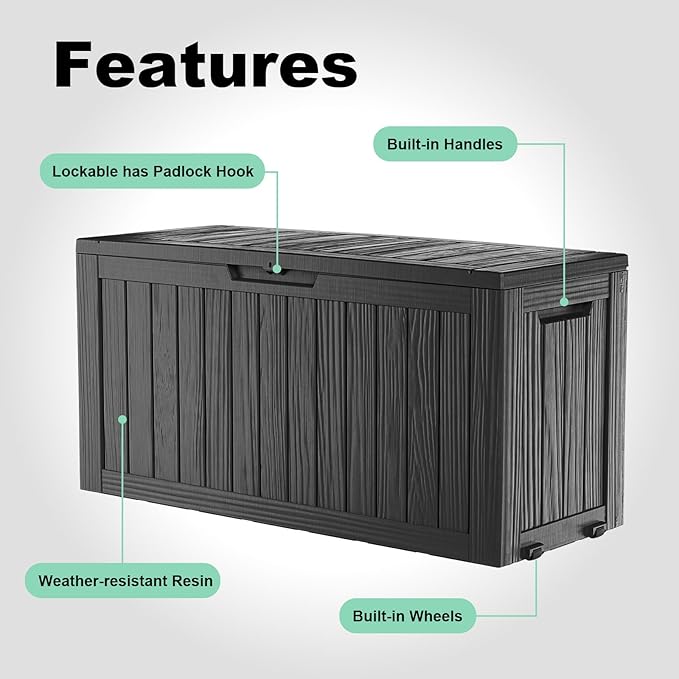 85 Gallon Outdoor Deck Box, Lockable Waterproof Outdoor Storage Boxes For Garden Tools,Indoor Cushions,Accessories Outside Storage Resin Weatherproof Container(Black)