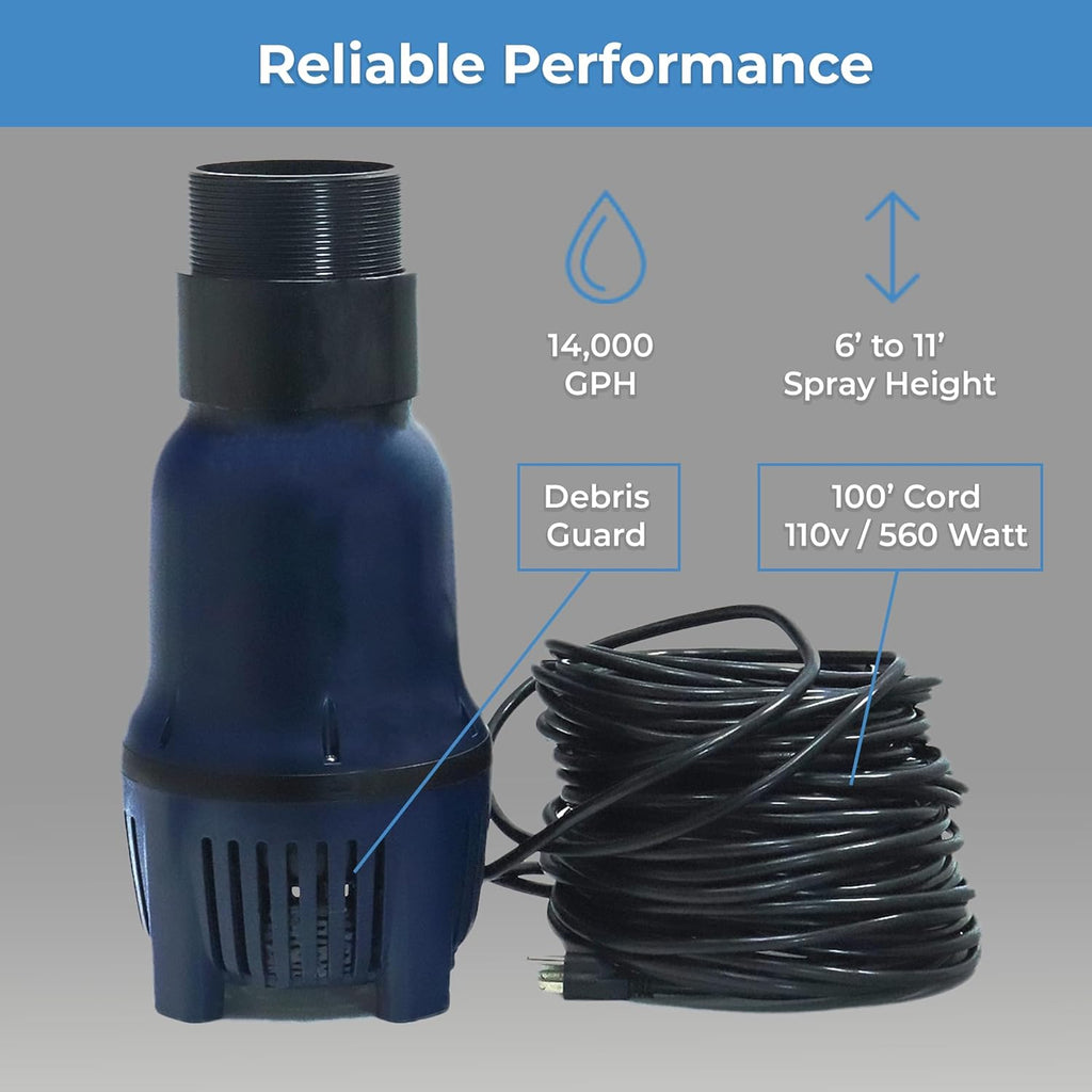 FT 14000 Floating Pond Fountain and Aerator Complete Kit with 14,000 GPH Pump, 100 Foot Power Cord, 3 Spray Styles | 100% US-Based Customer Service and Warranty