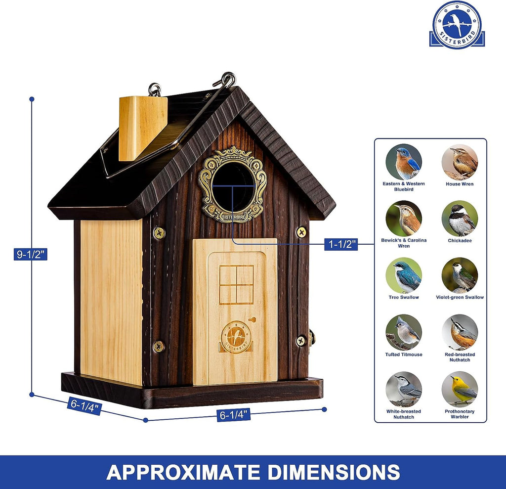 SISTERBIRD Pack of 2 Premium Bluebird Houses for Outside, All Seaons Bird Houses for Outside, Wooden Cabin Birdhouses for Outdoors, Weatherproof Courtyard Decorated Hanging Bird House
