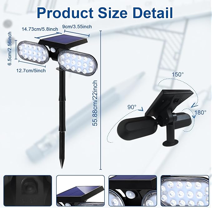 EMANER Outdoor Motion Lights Solar Powered, Solar Flood Lights, Stay On or Motion On/Off 3-Mode, Dusk to Dawn Security Solar Light, Cordless Landscape Spotlights for Path Yard Walkway, 4-Pack