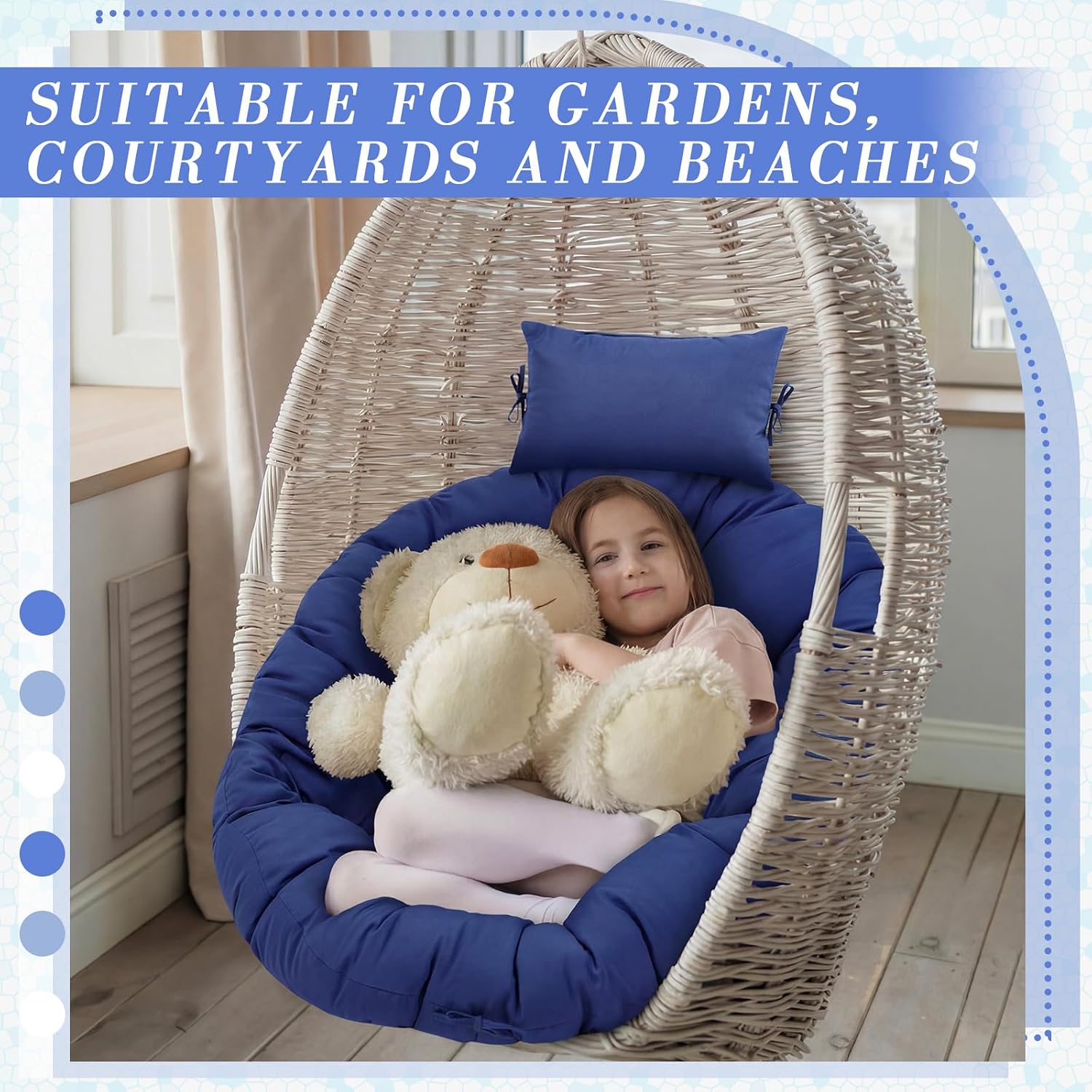 Tudomro Navy Blue Egg Chair Cushion Hanging Basket Chair Replacement 45x45 Hammock Basket Swing Waterproof Cushion Hanging Swing Pads with Headrest for Indoor Outdoor Porch Backyard Patio Garden