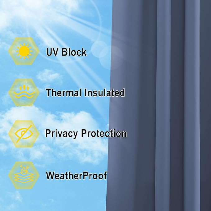 NICETOWN Outdoor Curtains for Patio W100 x L95 inch 2 Pieces, Sun Blocking Screen Shades 100% Privacy for Porch, Pergola, Lanai, Outside Deck, Weatherproof Blinds for All Season, Stone Blue