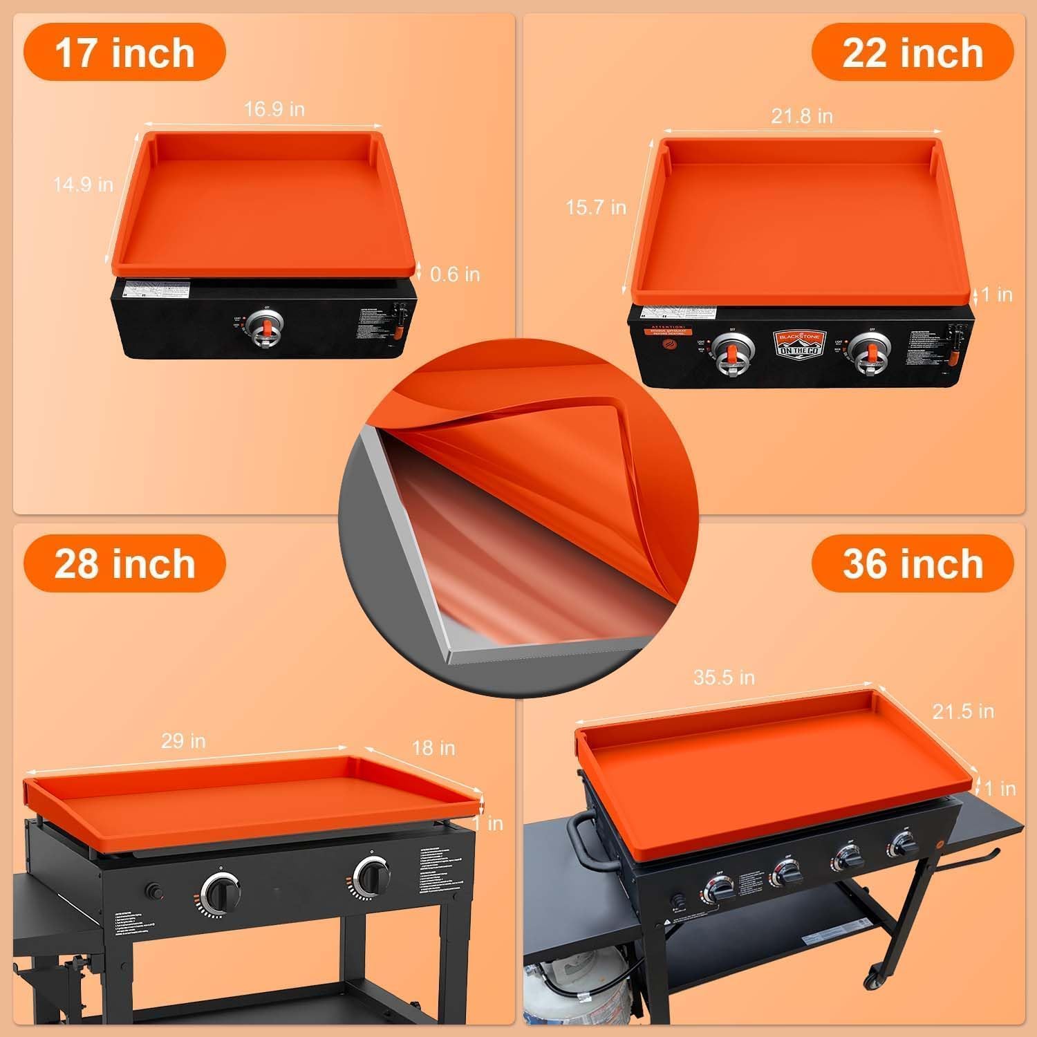 BANGIE 36" Silicone Griddle Mat for Blackstone Accessories - Anti-Warping & UV-Resistant Full-Wrap Cover for 4-Burner Flat Top Grill, Prevents Condensation Rust (Orange)