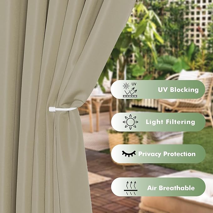 HolidayIdeas Outdoor Curtains for Patio Waterproof, 6 Panels - 54x84 Inches - Weatherproof Privacy Outsides Curtains for Cabana Porch Pergola, Sunlight & UV Blocking (Taupe, Grommet Top)