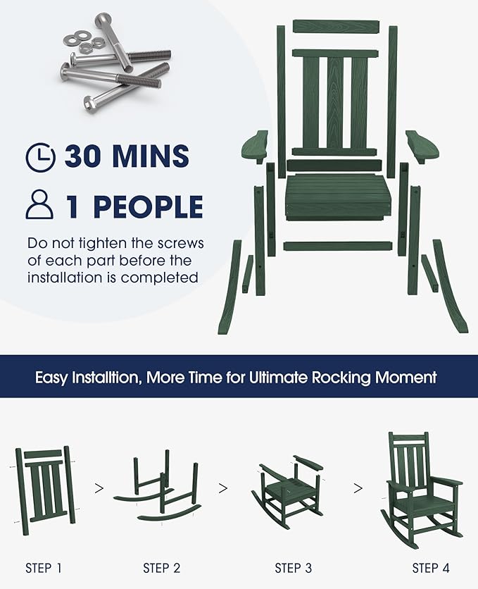 KINGYES Oversized Outdoor Rocking Chair, All-Weather Patio Rocking Chairs for Porch, HDPE Outdoor Patio Rockers with High Back & Wide Seat for Garden, Lawn, Green