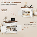 Farmhouse End Table with Charging Station, 24inch White Nightstand with Door and Storage Cabinet, Bedside End Table with Adjustable Shelf, Wood Bedside Table, Night Stand for Living Room and Bedroom