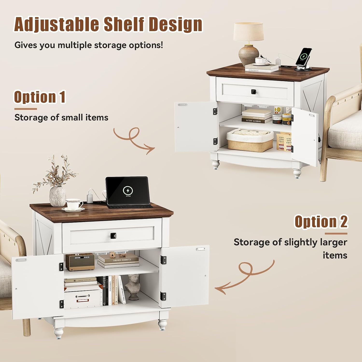 Farmhouse End Table with Charging Station, 24inch White Nightstand with Door and Storage Cabinet, Bedside End Table with Adjustable Shelf, Wood Bedside Table, Night Stand for Living Room and Bedroom