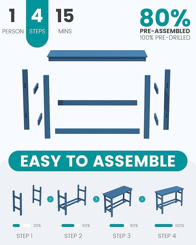 SERWALL Outdoor Bar Set - 4 Adirondack Bar Chairs & Bar Height Table with 1.6" Umbrella Hole, All-Weather HDPE Patio Furniture for Poolside, Backyard, Garden - Blue