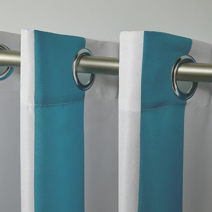 Exclusive Home Canopy Stripe Indoor/Outdoor Grommet Top Curtain Panel, 54"x108", Teal / White, Set of 2