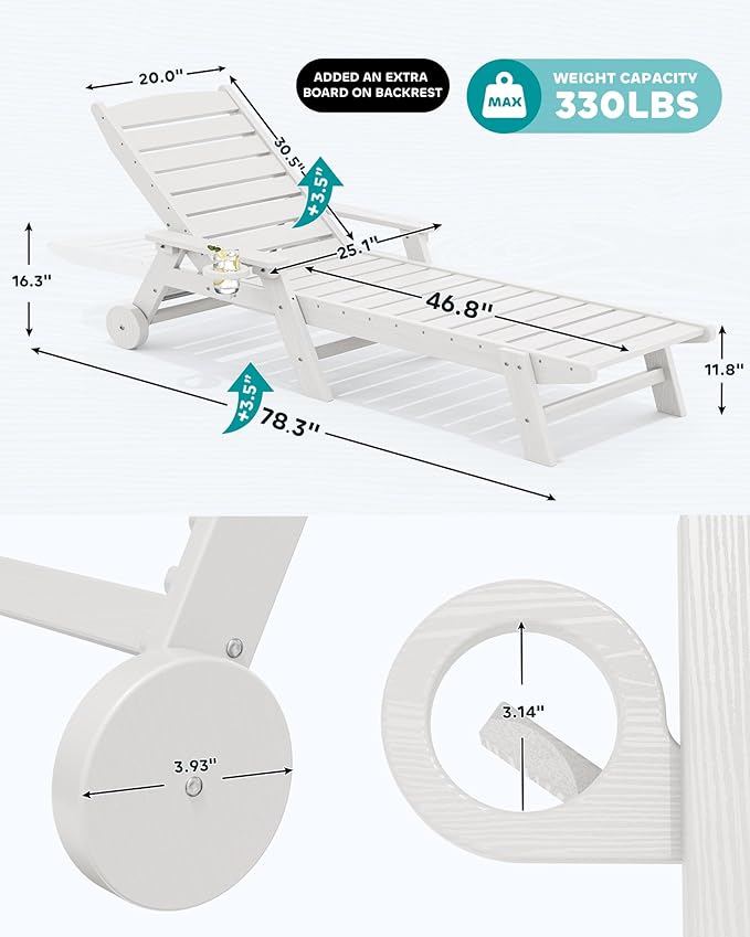 SERWALL Patio Chaise Lounge Chair Set of 2 with 9FT Patio Umbrella, 78'' HDPE Outdoor Lounger, Poly Lounge Chair with Rolling Wheels & Cup Holder for Pool,Light White (Umbreall Base not Included)