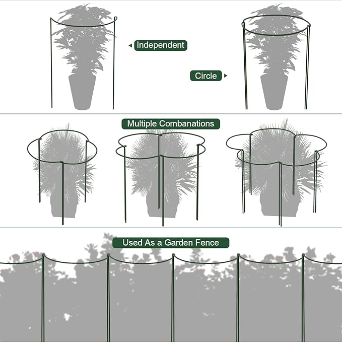 FEED GARDEN 12 Pack Plant Support Stakes, Peony Cages and Supports, Metal Garden Plant Stake(10" Wide x 16" High) Green Half Round Plant Support Rings for Outdoor Indoor Plants, Tomato, Hydrangea