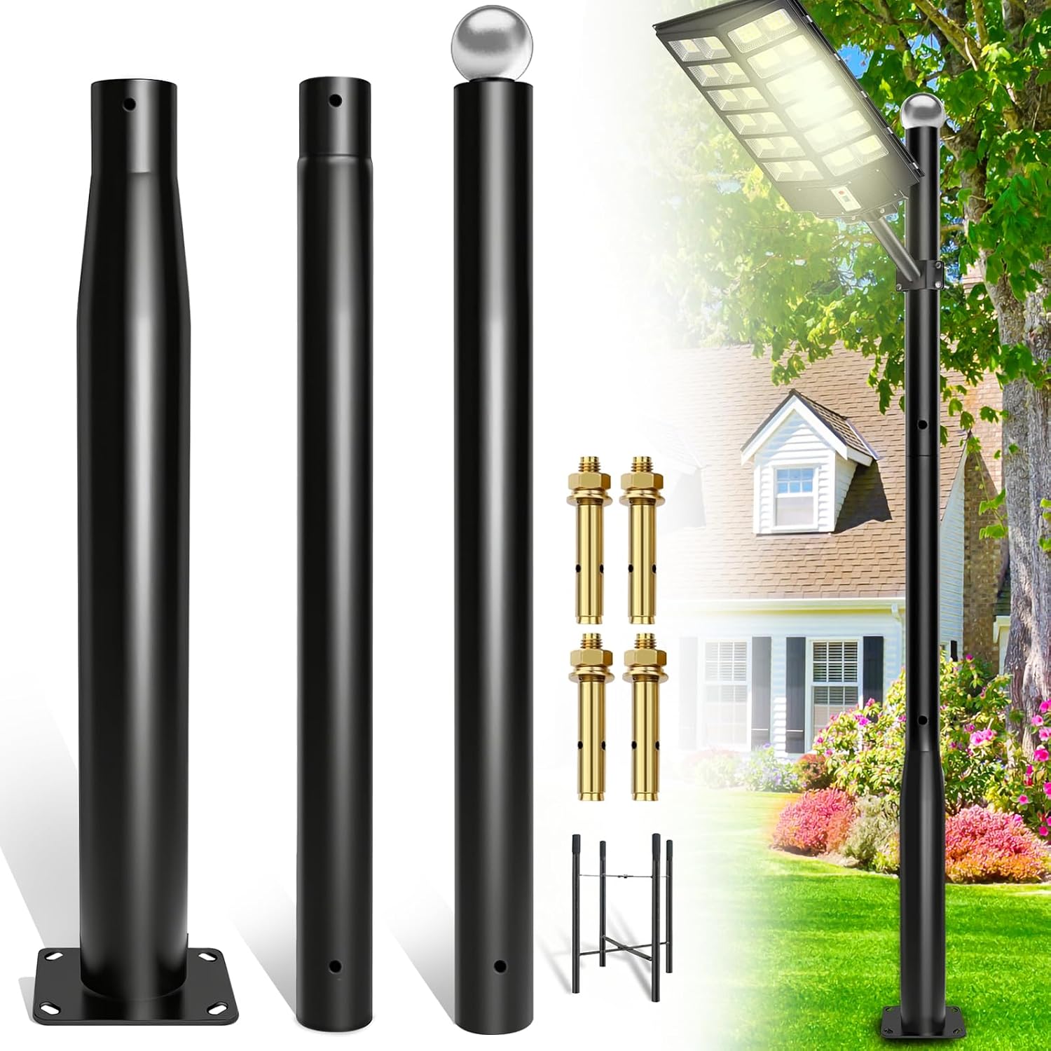 Street Light Pole 10 Ft, Outdoor Adjustable Metal Street Lamp Post for Solar Lights, Heavy Duty Exterior Lighting Pole with Rebar Cage for Backyard, Parking Lot, Patio