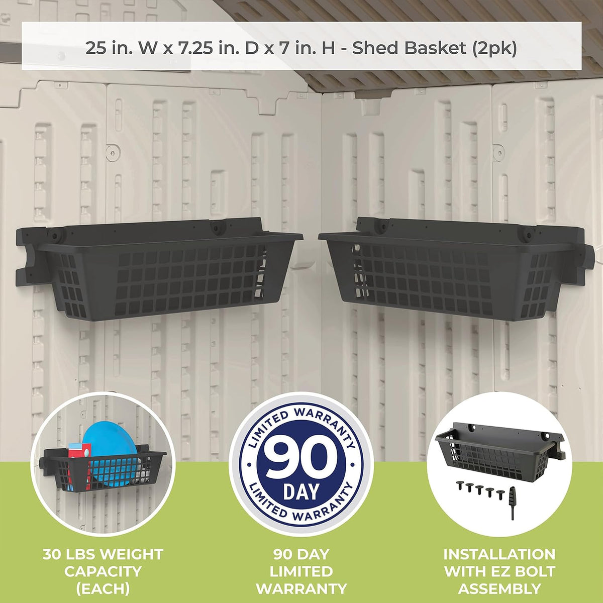 suncast 2-pack accessory baskets, resin organizers for shed on a desk or shelf