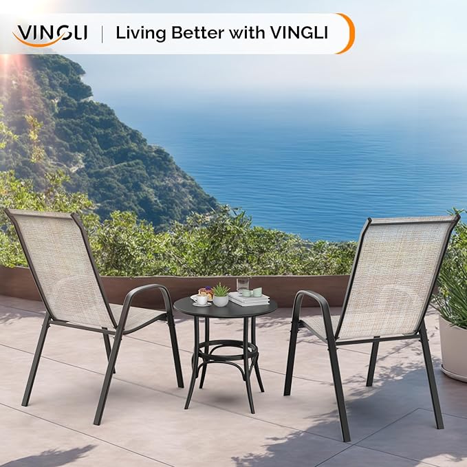 VINGLI Patio Chairs Set of 6 – Stackable Outdoor Dining Chairs with Comfortable Sling High Back Chairs and Armrests for Lawn, Poolside, Courtyard, Balcony, Garden, Yellow