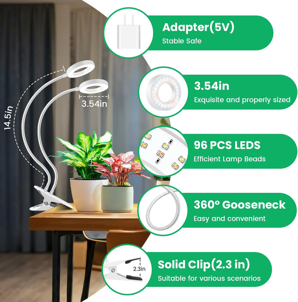 Wiaxulay Clip Grow Lights for Indoor Plants, 3.5in Full Spectrum 2 Heads | 96 LEDs Halo Plant Light 6000K+660nm, 360° Gooseneck Clip, 6/12/16H Timer, 5 Brightness,1 Pack for Seed Starting Hydroponics