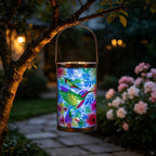 Hummingbird Solar Lantern, Hanging Glass Outdoor Garden Light | Raised hummingbird artwork, colorful fused glass, warm dusk glow, solar auto on/off, hang or stand on patio, porch and garden
