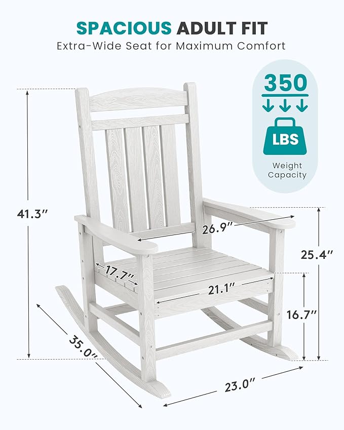 SERWALL Outdoor Rocking Chairs Set of 2, Oversized HDPE Porch Rockers for Adults, All-Weather Composite Patio Rocking Chairs, White