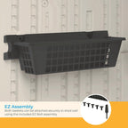 suncast 2-pack accessory baskets, resin organizers for shed showing dimensions