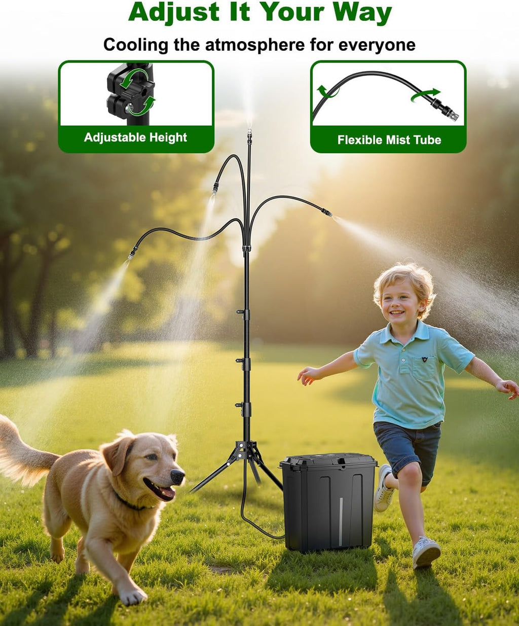 ausic portable misting system with stand, water cooling showing dimensions