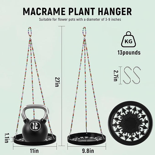 2-Pack Modern Boho Macrame Plant Hanger, 10/11 Inch Metal Hanging Planter Holder for Indoor and Outdoor Home Garden Decor, Black Hanging Plant Shelf for Window, Wall, and Ceiling. (Garden, 10/11)