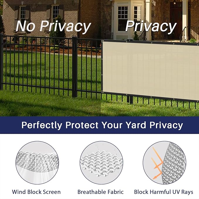 Windscreen4less Privacy Fence Screen Heavy Duty Windscreen Fencing Mesh Fabric Shade Net Cover with Brass Grommtes for Outdoor Wall Garden Yard Pool Deck, 6'x109' Beige