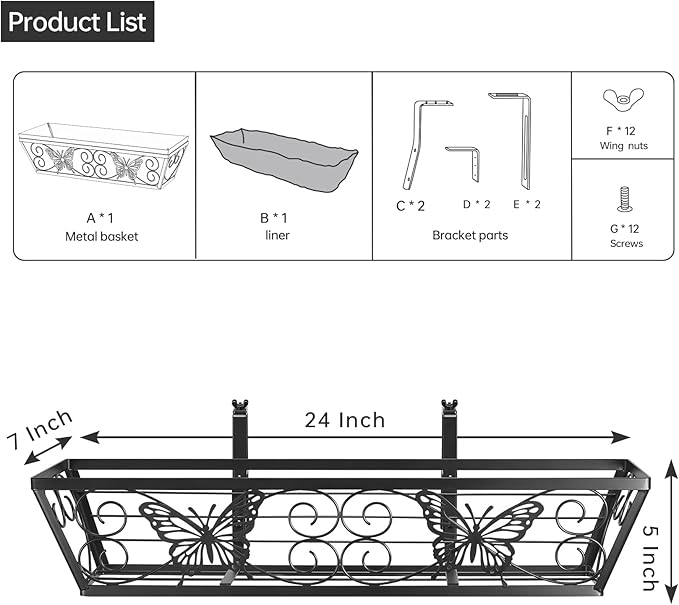 6 Pack 24 Inch Window Boxes Planters Railing Planter Box with Adjustable Brackets for Porch Fence Patio Balcony Hanging Flower Baskets with Woven Fabric for Outdoor Garden Decor - Black