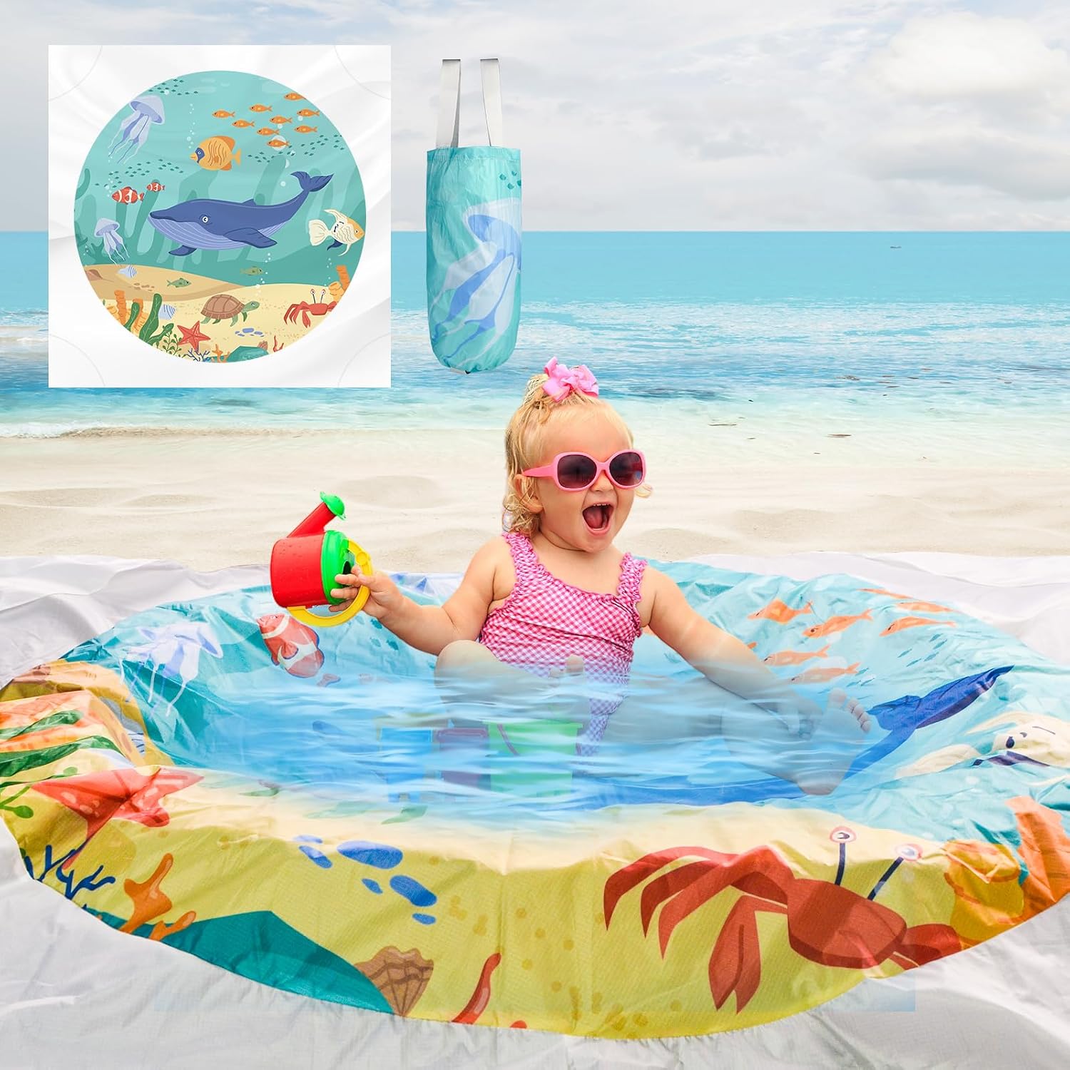 6.5 X 6.5Ft Baby Beach Pool, 2 in 1 Square Portable Toddler Beach Puddle | Cartoon Ocean Theme, Waterproof & Sandproof, Cute Toddler Paddling Pool Beach Blanket with Carrying Bag for Boys Girls, Green