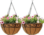 Outdoor Metal Hanging Planters Basket (2pack, 14 inch) Hanging Baskets for Plants Chain Round Wire Plant Holder with Coco Fiber Liners for Garden, Patio, Deck, Porch(Flower Border)
