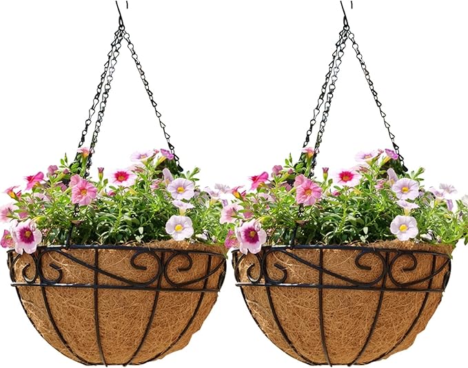 Outdoor Metal Hanging Planters Basket (2pack, 14 inch) Hanging Baskets for Plants Chain Round Wire Plant Holder with Coco Fiber Liners for Garden, Patio, Deck, Porch(Flower Border)
