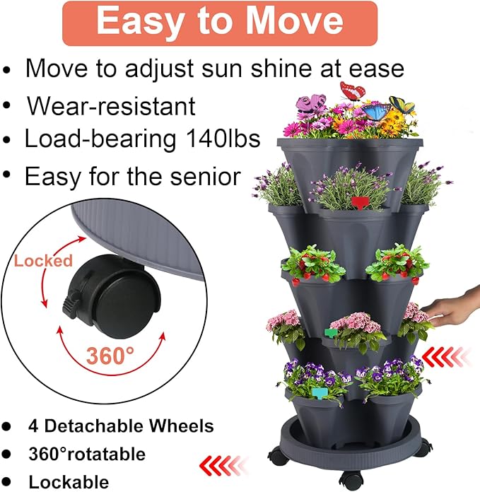 GameXcel Vertical Planter, 5 Tier Stackable Strawberry Planter with Garden Tool Set, Movable Indoor/Outdoor Garden Herb Pot for Growing Vegetables and Succulents, Dark Gray