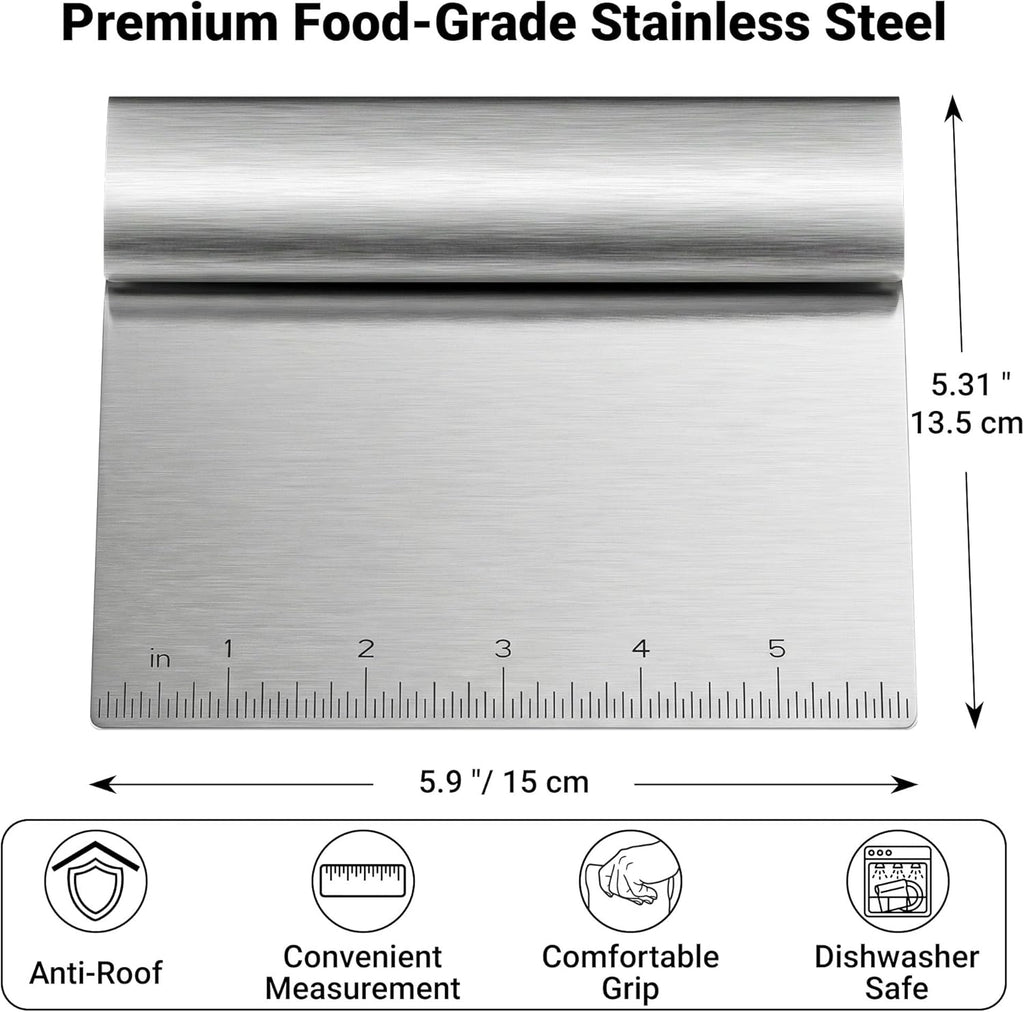 Bench Scraper Kitchen & Dough Scraper Tool - Stainless Steel Multi-Purpose Scraper & Chopper with Laser-Etched Metric Scale - Heavy Duty Pastry Cutter & Griddle Tool for Bread, Pizza & Baking