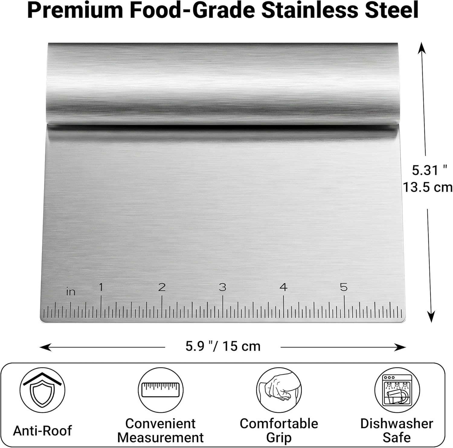 Bench Scraper Kitchen & Dough Scraper Tool - Stainless Steel Multi-Purpose Scraper & Chopper with Laser-Etched Metric Scale - Heavy Duty Pastry Cutter & Griddle Tool for Bread, Pizza & Baking