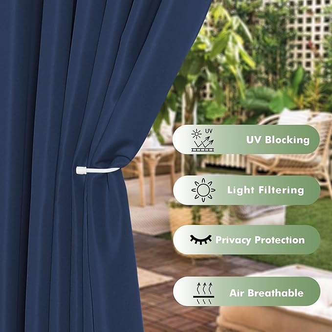 HolidayIdeas Outdoor Curtains for Patio Waterproof, 6 Panels - 54x95 Inches - Weatherproof Privacy Outsides Curtains for Cabana Porch Pergola, Sunlight & UV Blocking (Navy, Grommet Top)