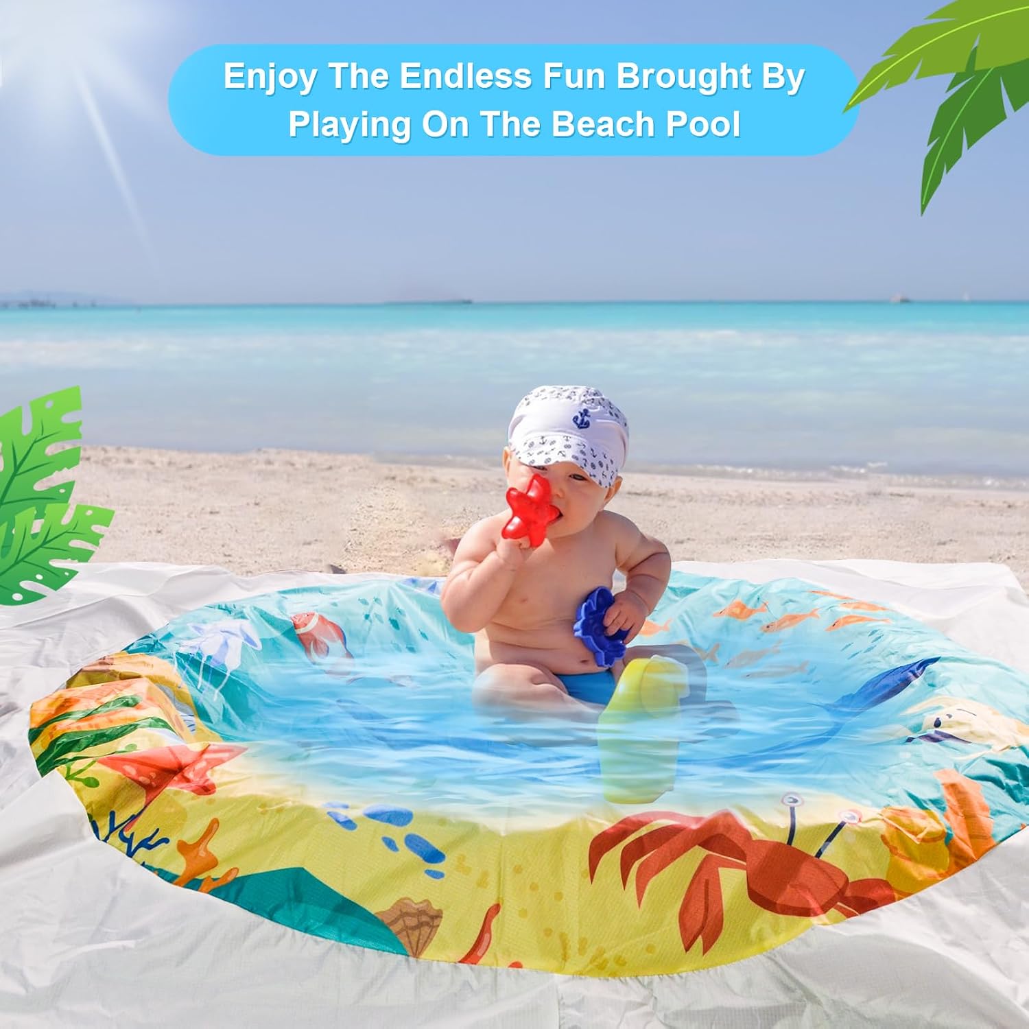 6.5 X 6.5Ft Baby Beach Pool, 2 in 1 Square Portable Toddler Beach Puddle | Cartoon Ocean Theme, Waterproof & Sandproof, Cute Toddler Paddling Pool Beach Blanket with Carrying Bag for Boys Girls, Green