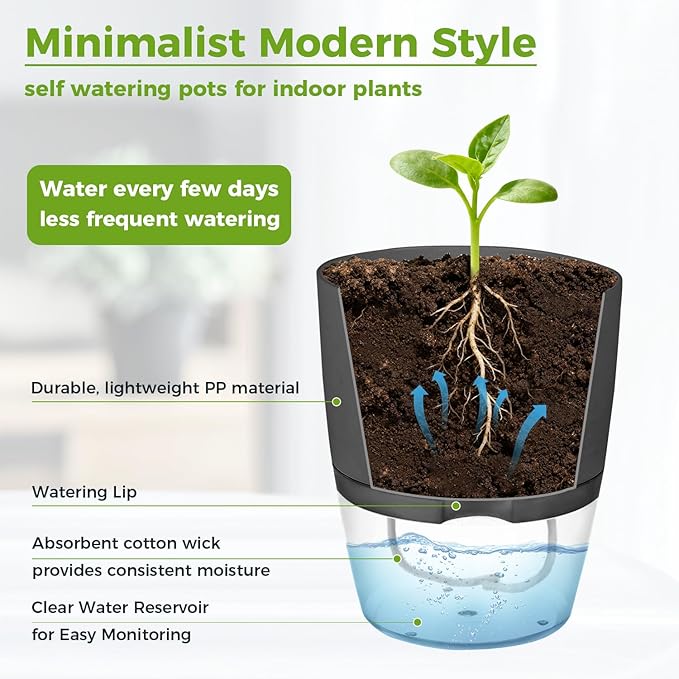 5 Pack Self Watering Pots for Indoor Plants, PlanterHoma 4 Inch Plant Pot Plastic Self Watering Planter for Orchid, African Violet, Small Clear Flower Pots with Drainage Holes and Wicking Rope, Grey
