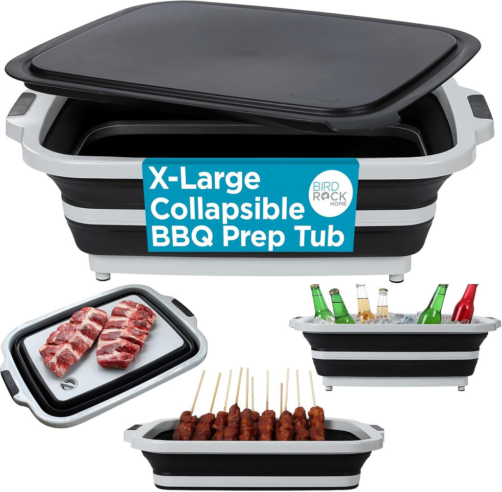 BIRDROCK HOME Collapsible XL BBQ Prep Tub w/Cutting Board, Multi-Function Grill Caddy w/Colander & Lid, Portable Silicone Dish Bowl for Picnic, Tailgate, Camping - Black | Grill Caddy Food Marinating Container with Lid and Meat Cutting Board - Portable