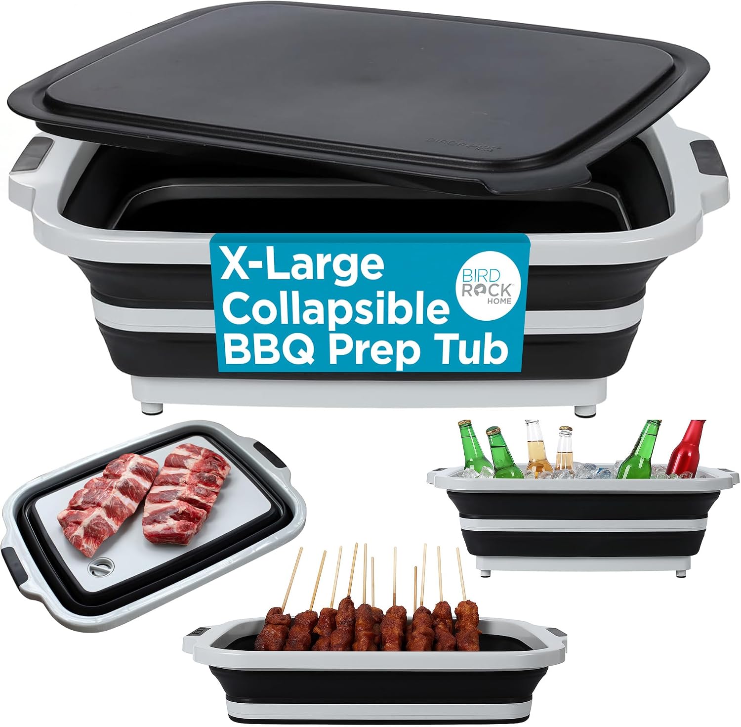 BIRDROCK HOME Collapsible XL BBQ Prep Tub w/Cutting Board, Multi-Function Grill Caddy w/Colander & Lid, Portable Silicone Dish Bowl for Picnic, Tailgate, Camping - Black | Grill Caddy Food Marinating Container with Lid and Meat Cutting Board - Portable