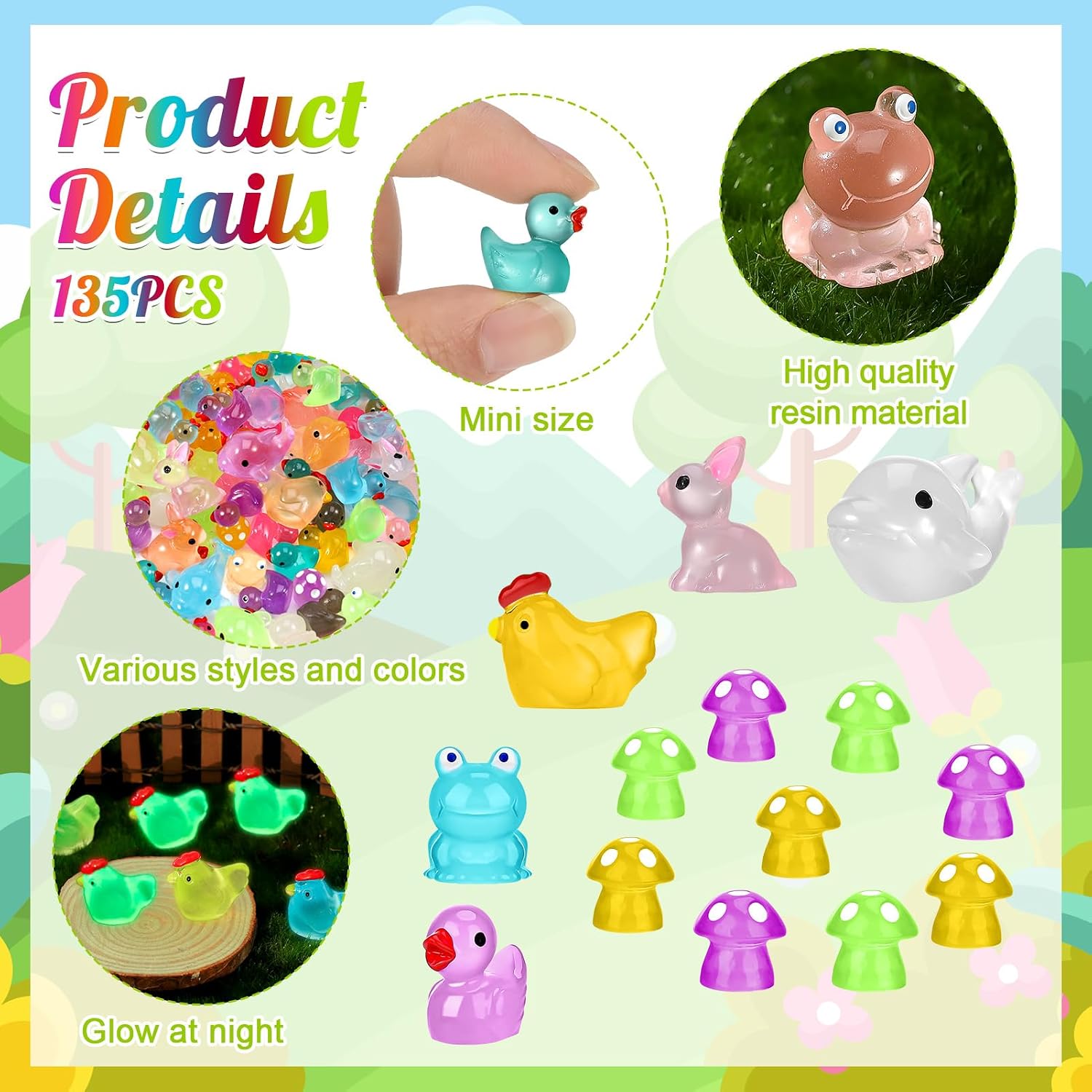 135 PCS Luminous Mini Resin Ducks Tiny Glow in The Dark Duck | Chickens Rabbit Frogs Dolphin Mushroom, 6 Combination Sets Resin Miniature Animals for Micro Landscape Dollhouse Decoration