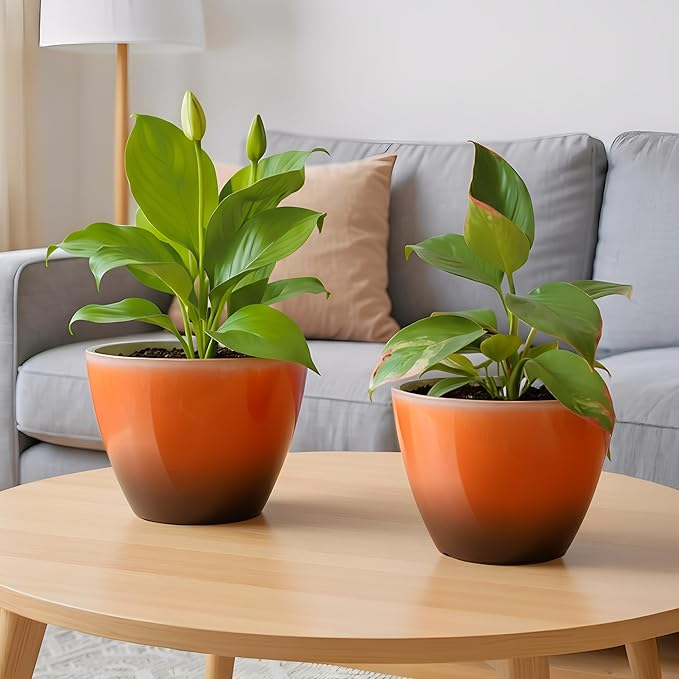 Plant Pots for Indoor Outdoor Plants, Pack of 4 Plastic Flower Pots with Drainage Holes and Saucers, 8 Inch Glazed Planters for Indoor Plants Office Home Decor (Orange, 4pcs)