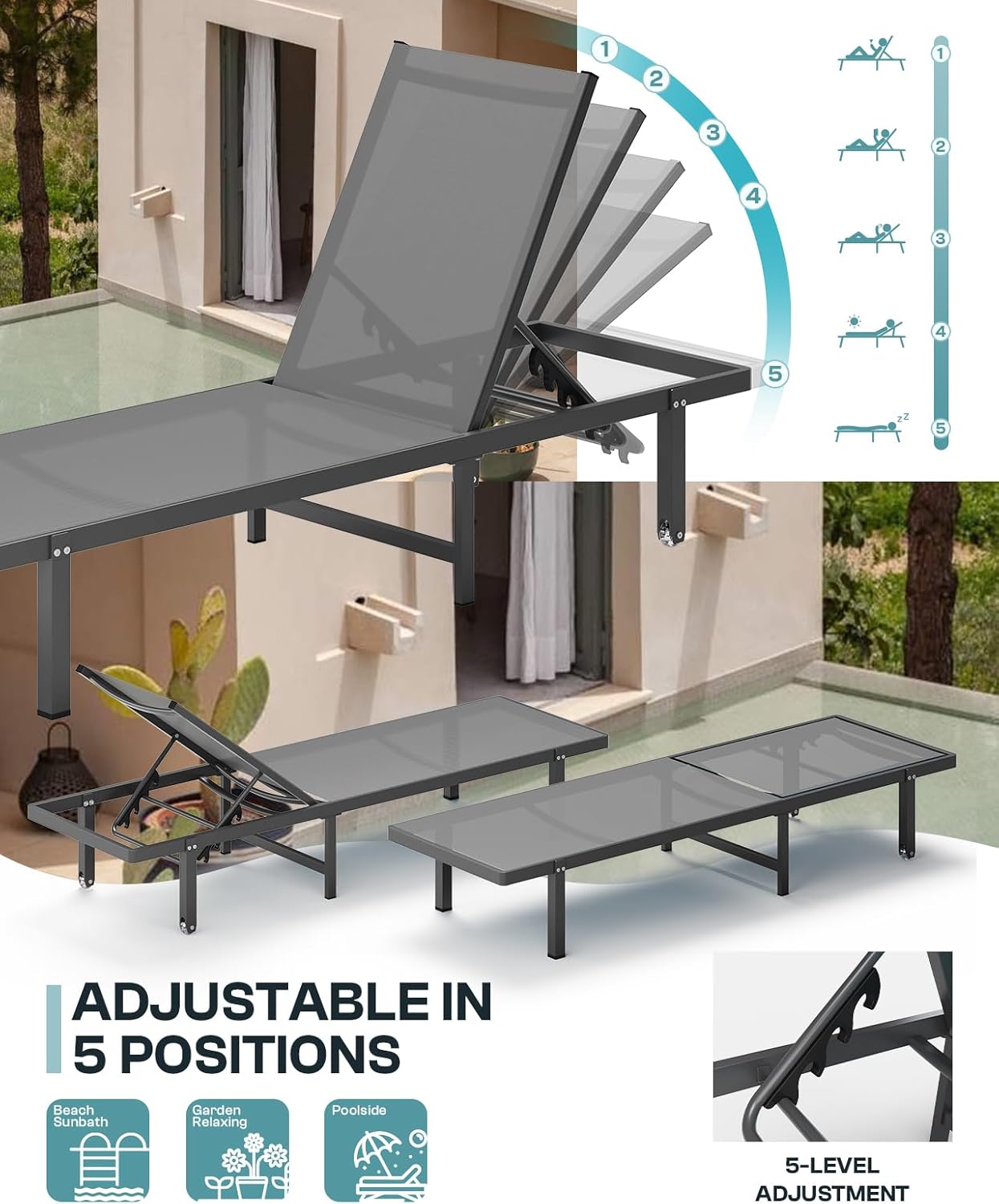 Lounge Chair Outdoor with Wheels, Aluminum Chaise Lounge Outdoor Chair with 5 Adjustable Backrest - Easy to Move- Pool Lounge Chairs for Patio, Poolside (Darkgray)