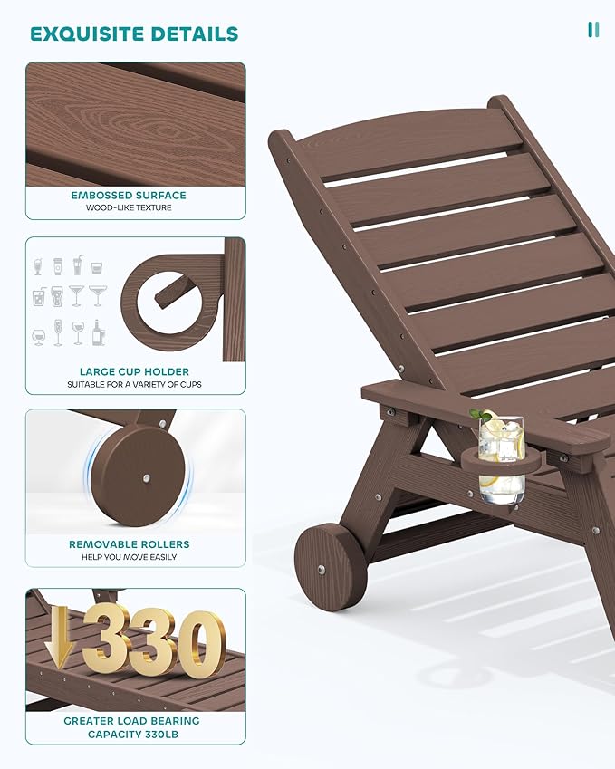 SERWALL Patio Chaise Lounge Chair Set of 2 with 9FT Patio Umbrella, 78'' HDPE Outdoor Lounger, Poly Lounge Chair with Rolling Wheels & Cup Holder for Pool,Coffee Brown (Umbreall Base not Included)