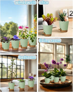 12 Pack 4 Inch Self Watering Plant Pots with Drainage and Saucers，Plastic Flower Pots for Indoor and Outdoor Plants, Nursery Planters for Houseplants and Herbs Green Brown, 4 inch 12pcs