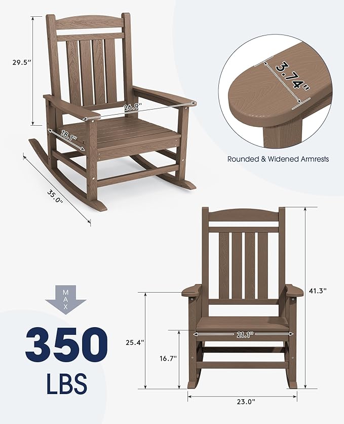 KINGYES HDPE Outdoor Rocking Chair, Widened Seat Patio Rocking Chair, Oversized All Weather Patio Rocker, Brown