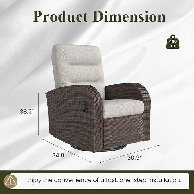 LayinSun Oversized Wicker Outdoor Swivel Glider Recliner with Adjustable Backrest & Footrest, Patio Reclining Lounge Chair